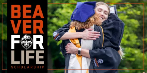 Beaver for Life scholarship image of a student and instructor hugging